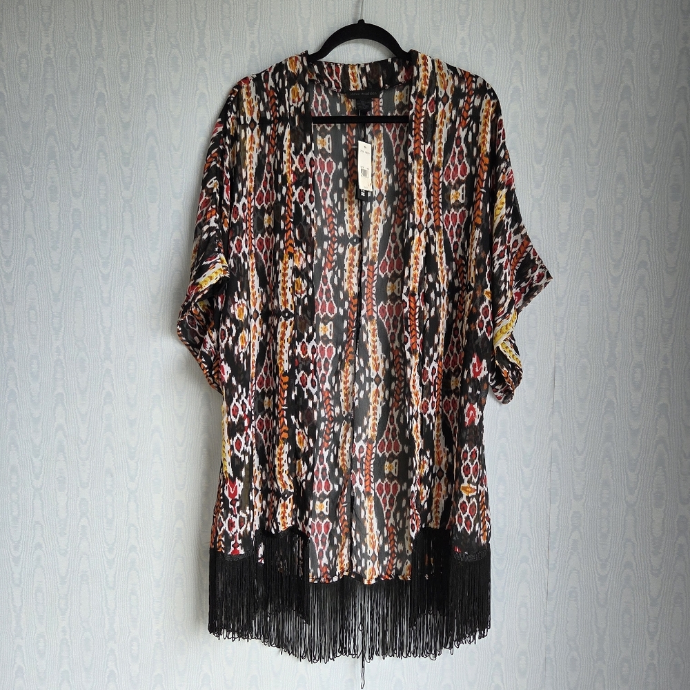 NWT Steve Madden Abstract Ikat Sheer Fringe Kimono OSFM Red Orange Black White